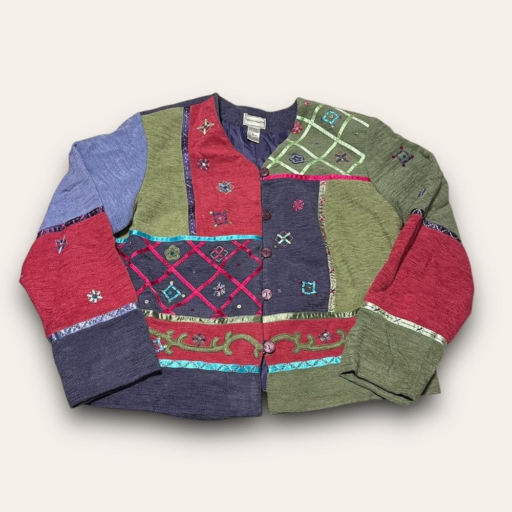 Vintage Patchwork Sequin Tapestry Jacket Size Xl … - image 1